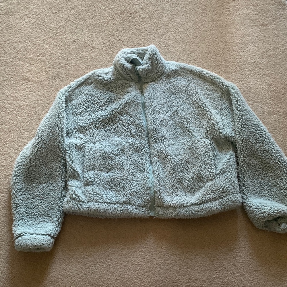 Cropped sherpa jacket from Garage. Size Small, light blue.